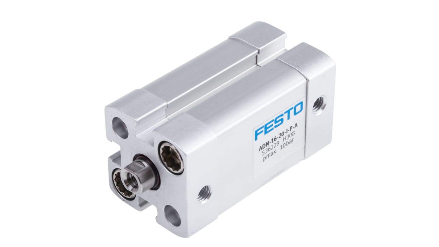 Cilindro pneumatico Festo ADN-16-20-I-P-A, doppio effetto, foro 16 mm, corsa 20 mm, attacco M5, pressione max 10 bar.