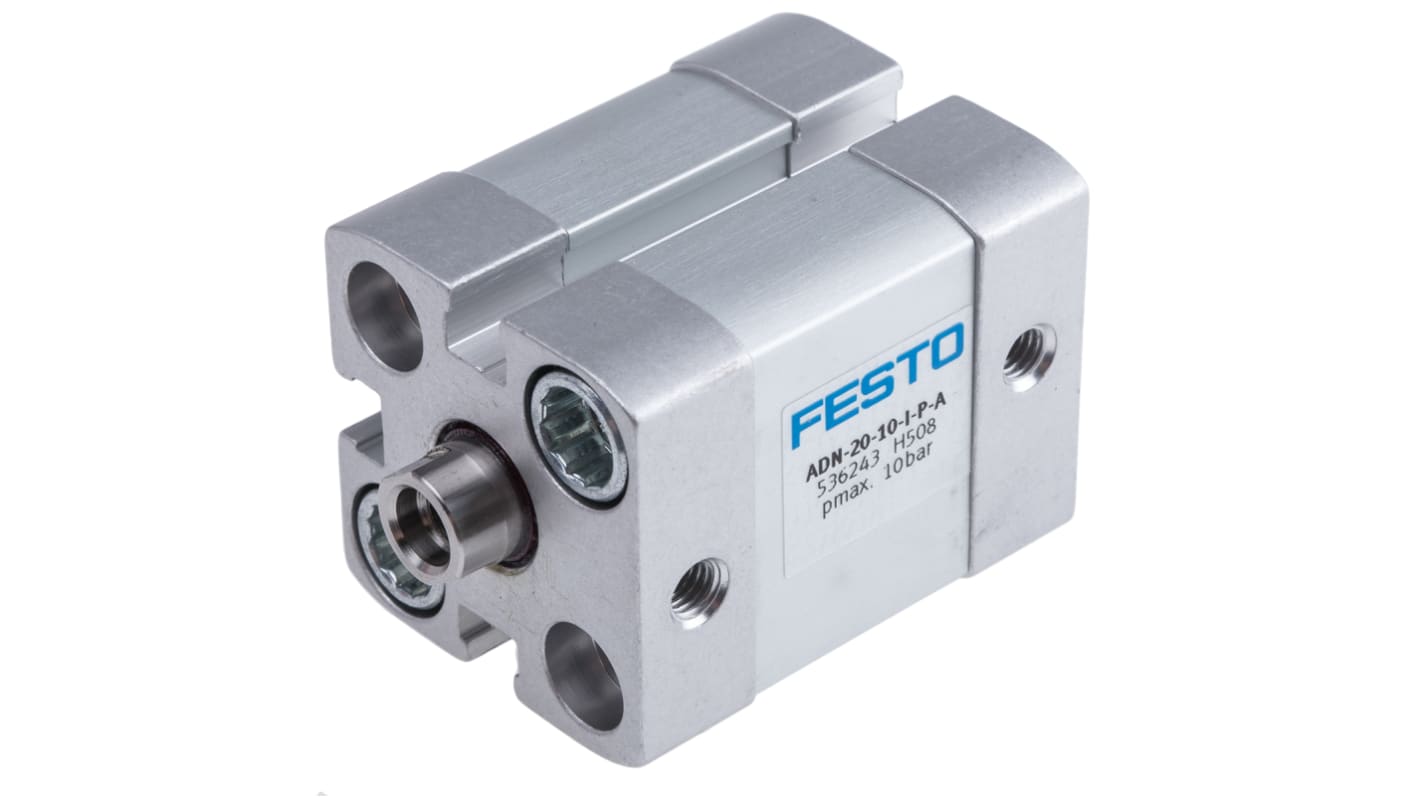 Cilindro pneumatico Festo ADN-20-10-I-P-A, doppio effetto, foro 20 mm, corsa 10 mm, connessione M5, max 10 bar.