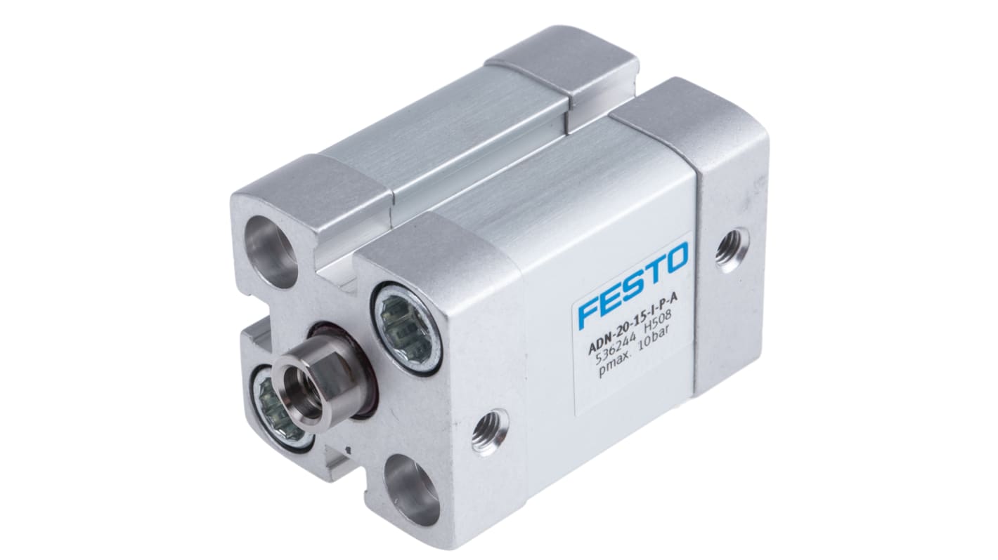 Cilindro pneumatico doppio effetto Festo ADN-20-15-I-P-A, foro 20 mm, corsa 15 mm, attacco M5, dimensioni 35.5 x 35.5 x 57.5 mm.
