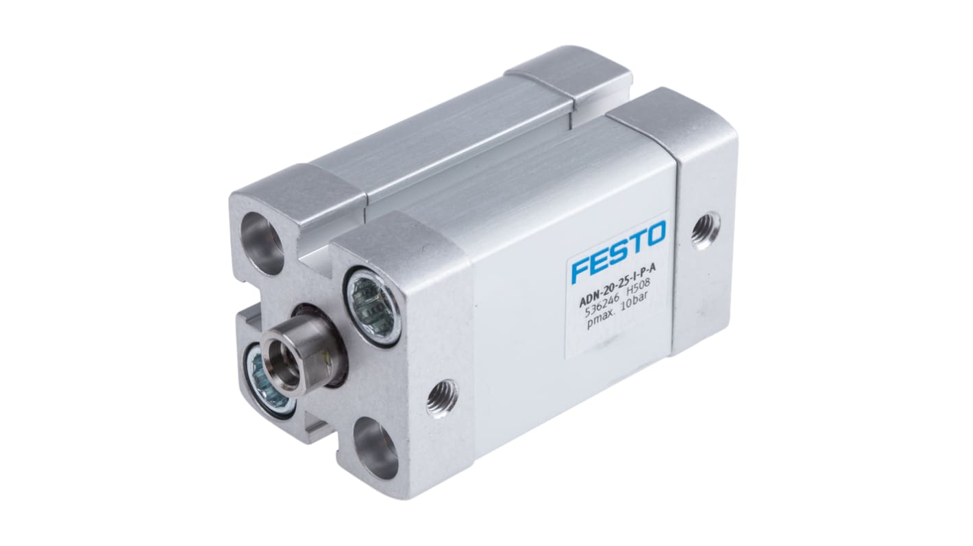 Cilindro pneumatico Festo ADN-20-25-I-P-A, doppio effetto, foro 20 mm, corsa 25 mm, attacco M5, dimensioni 35,5 x 35,5 x 67,5 mm.