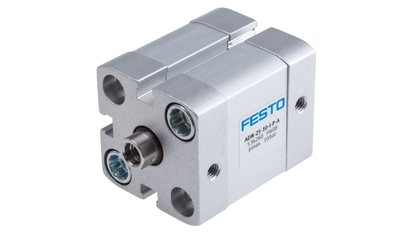 Cilindro pneumatico doppio effetto Festo ADN-25-10-I-P-A, foro 25 mm, corsa 10 mm, attacco M5, max 10 bar, dimensioni 39,5 x 39,5 x 54,5 mm.