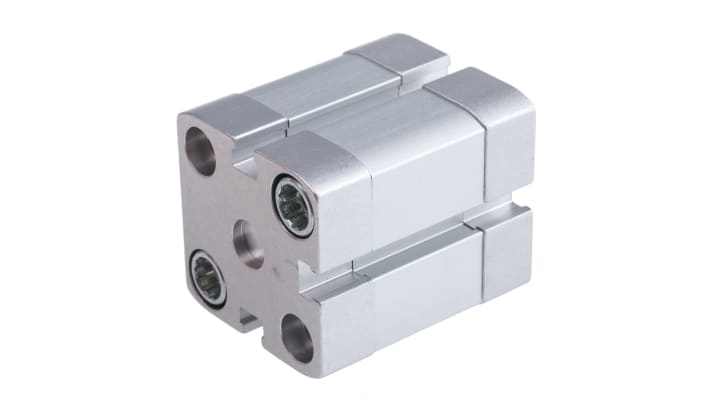 Cilindro pneumatico doppio effetto Festo ADN-25-10-I-P-A, foro 25 mm, corsa 10 mm, attacco M5, max 10 bar, dimensioni 39,5 x 39,5 x 54,5 mm.