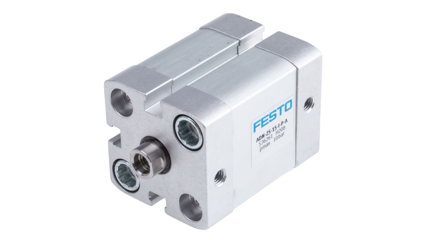 Cilindro pneumatico Festo ADN-25-15-I-P-A, doppio effetto, foro 25mm, corsa 15mm, attacco M5, dimensioni 39.5x39.5x59.5mm.