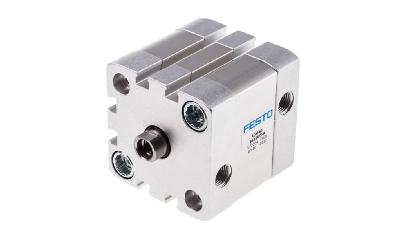 Cilindro pneumatico Festo ADN-40-10-I-PPS-A, doppio effetto, foro 40 mm, corsa 10 mm, montaggio versatile, dimensioni 54.5 x 54.5 x 61.1 mm.
