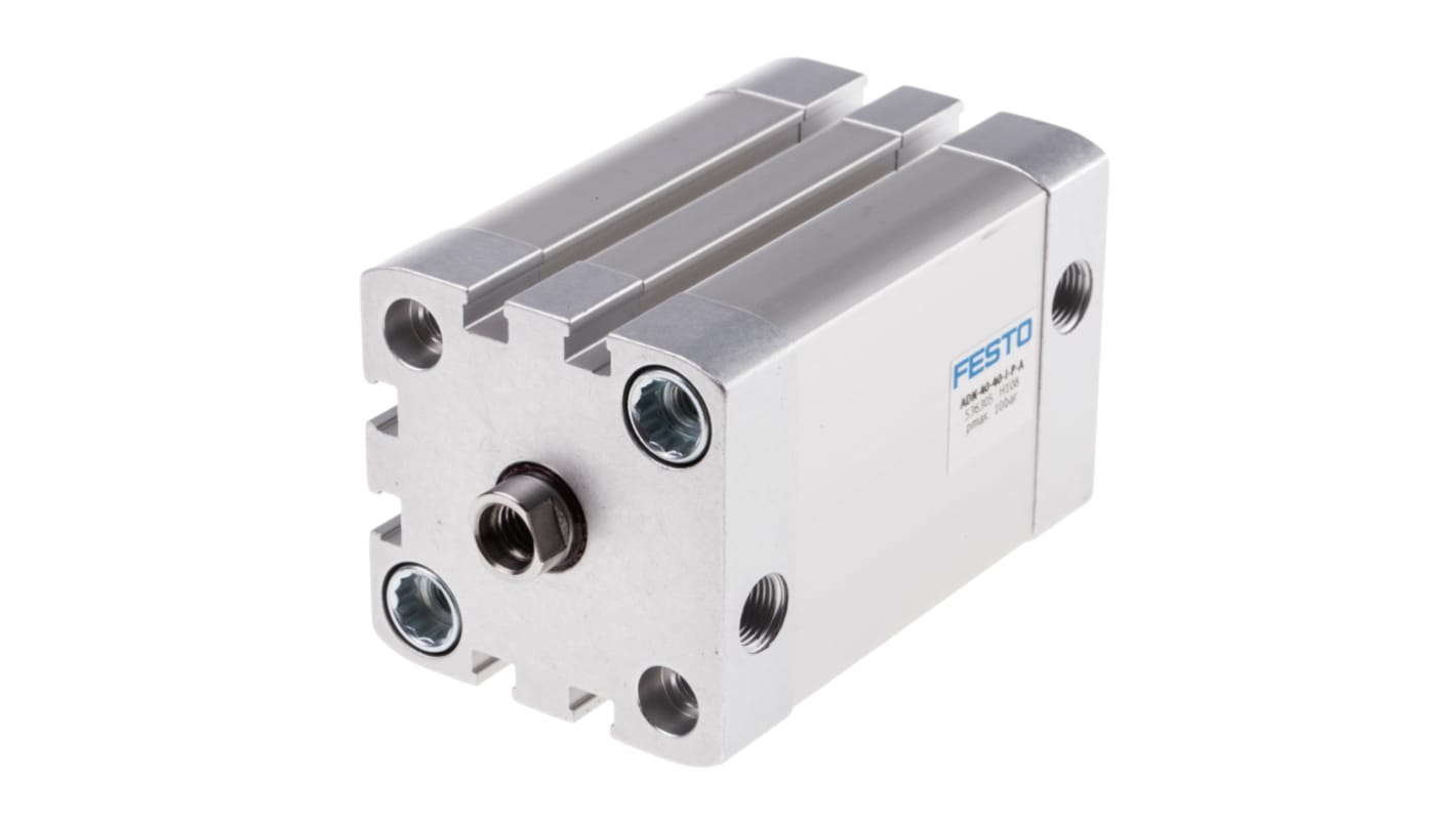 Cilindro pneumatico doppio effetto Festo ADN-404040I-P-A, foro 40 mm, corsa 40 mm, attacco G 1/8, dimensioni 54,5 x 54,5 x 91,1 mm.