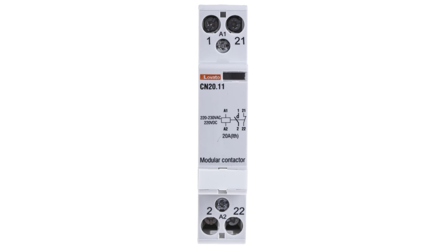 Contattore Lovato CN2011220, 2 poli, 9 A, 4 kW, montaggio su guida DIN, dimensioni 17.5 mm x 65 mm x 85 mm.