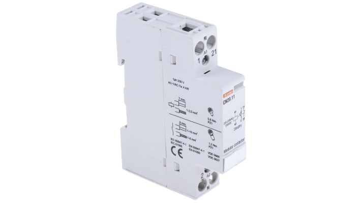 Contattore Lovato CN2011220, 2 poli, 9 A, 4 kW, montaggio su guida DIN, dimensioni 17.5 mm x 65 mm x 85 mm.