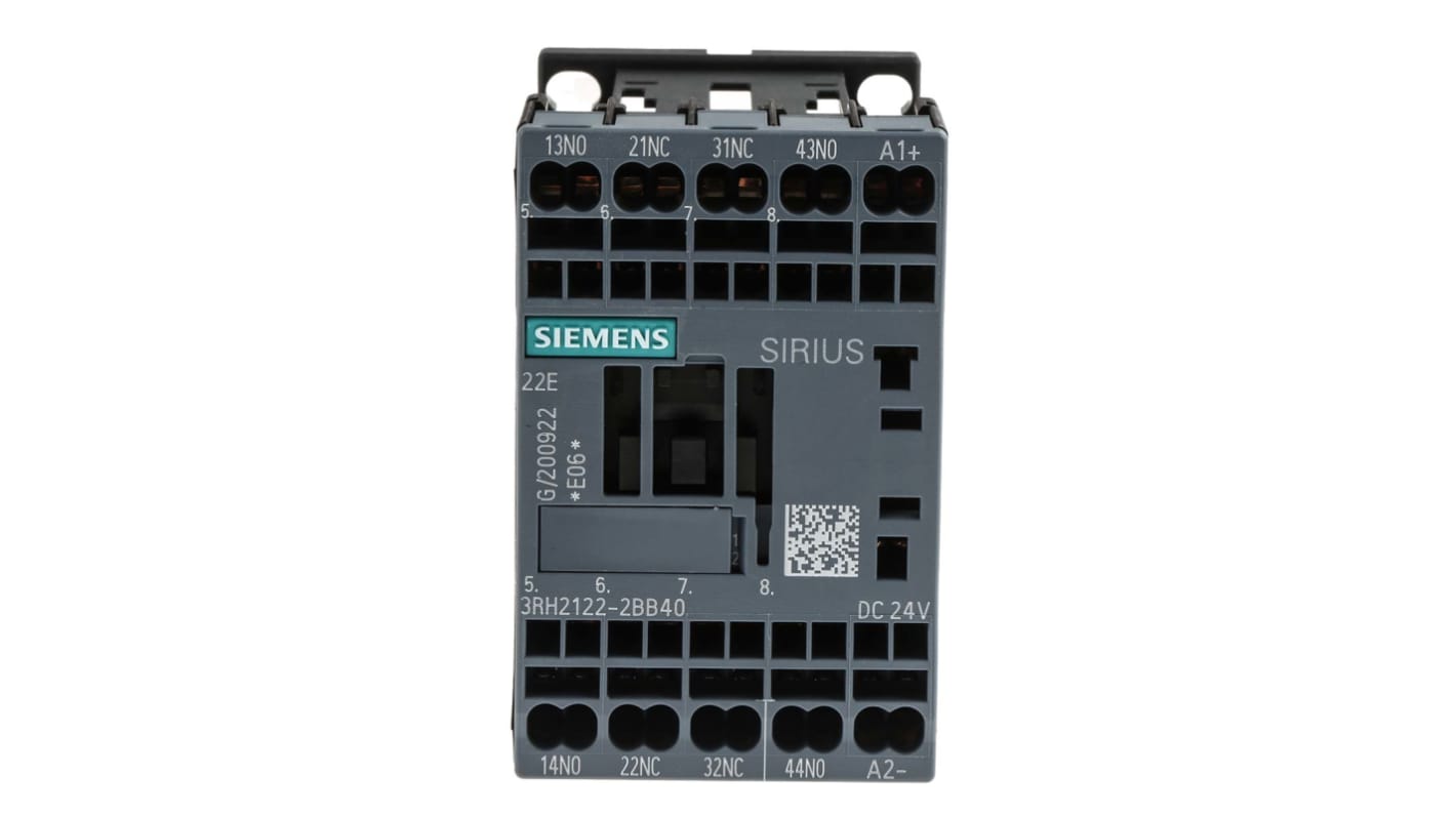 Contattore Siemens 3RH2122-2BB40, 24V DC, 10A, peso 295g, serie SIRIUS, protezione contro sovracorrenti e picchi di tensione. Ideale per motori e pompe.