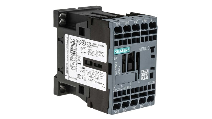 Contattore Siemens 3RH2122-2BB40, 24V DC, 10A, peso 295g, serie SIRIUS, protezione contro sovracorrenti e picchi di tensione. Ideale per motori e pompe.
