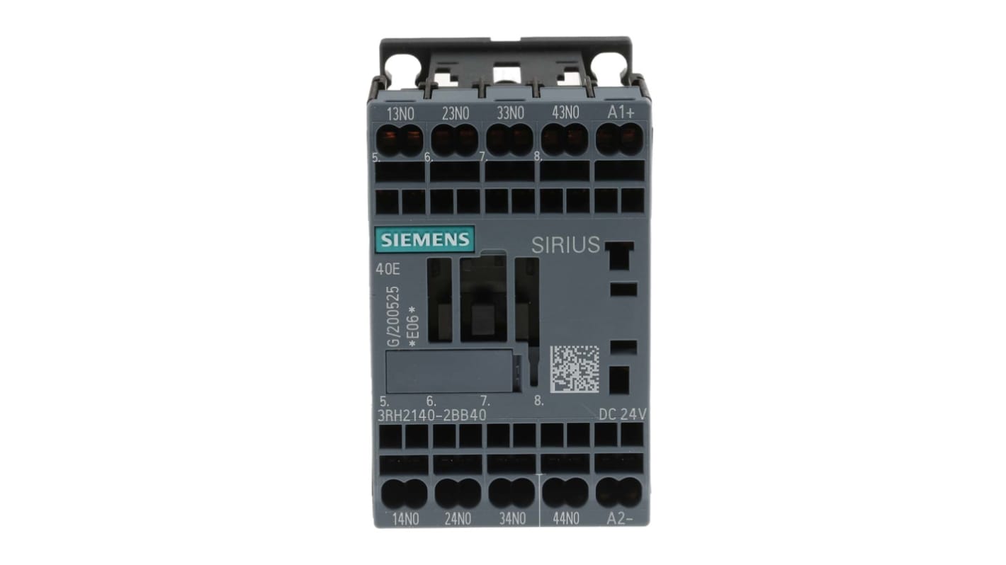 Relè contattore Siemens 3RH2140-2BB40 4NO 10A 24V c.c. Serie 3RH2 per protezione motori e circuiti. Ampia temperatura operativa, montaggio su guida DIN.