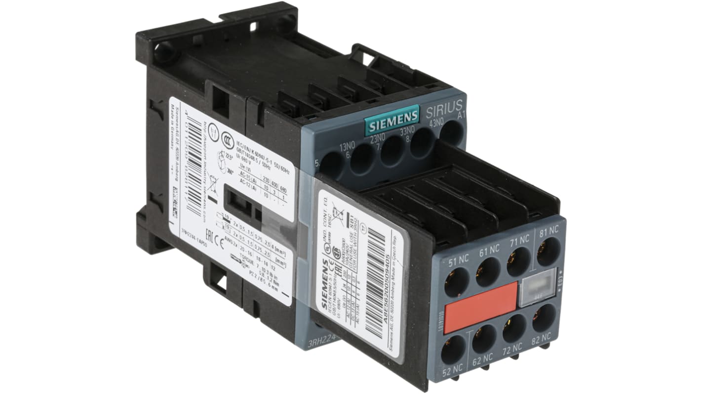 Contattore Siemens 3RH2244-1AP00, 4NO + 4NC, 10 A, tensione 690 V c.a., montaggio su guida DIN, dimensioni 45x73x57.5 mm.