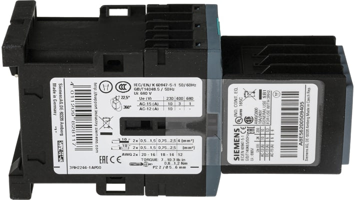 Contattore Siemens 3RH2244-1AP00, 4NO + 4NC, 10 A, tensione 690 V c.a., montaggio su guida DIN, dimensioni 45x73x57.5 mm.