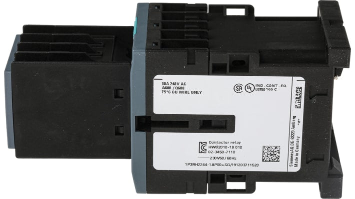 Contattore Siemens 3RH2244-1AP00, 4NO + 4NC, 10 A, tensione 690 V c.a., montaggio su guida DIN, dimensioni 45x73x57.5 mm.