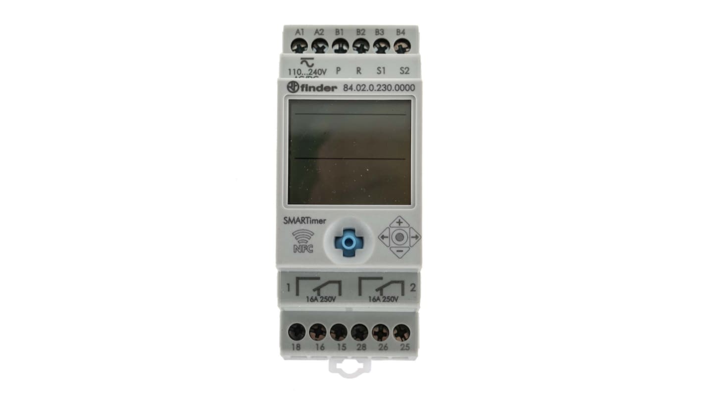 Finder Timer Relay multifunzione DPDT, montaggio su guida DIN, intervallo 0.1 s a 9999 h, tensione 110-240 V, corrente 16 A.