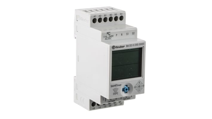 Finder Timer Relay multifunzione DPDT, montaggio su guida DIN, intervallo 0.1 s a 9999 h, tensione 110-240 V, corrente 16 A.
