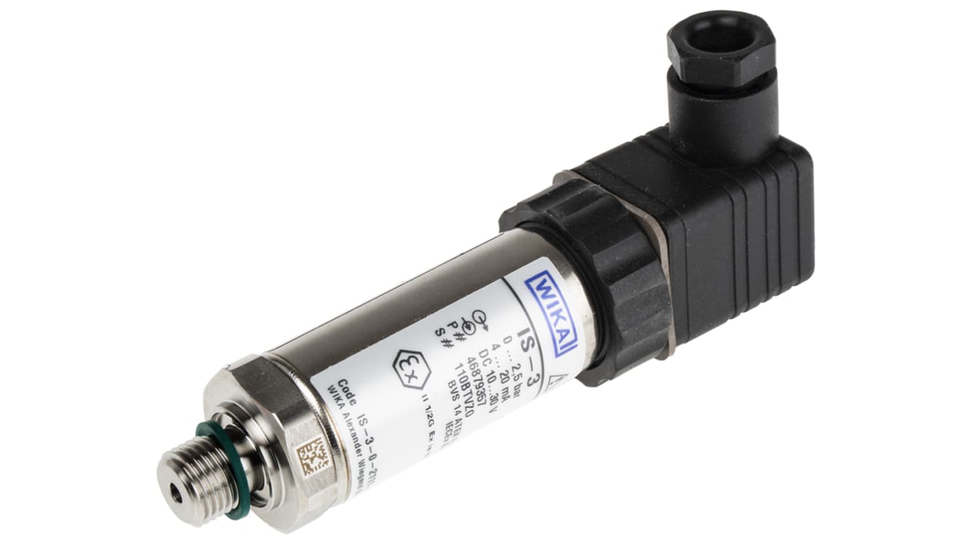 Sensore di pressione WIKA 46879357, max 2.5bar, uscita analogica 4-20 mA, custodia in acciaio inox, IP65.