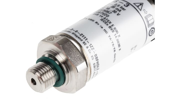 Sensore di pressione WIKA 46879357, max 2.5bar, uscita analogica 4-20 mA, custodia in acciaio inox, IP65.