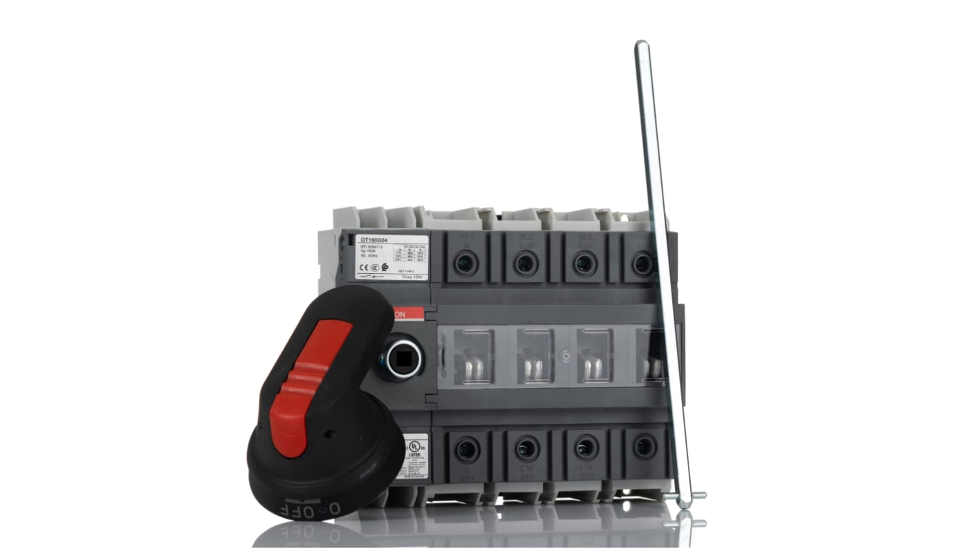 Interruttore di isolamento ABB OT160G, 4 poli, 160A, montaggio su base, dimensioni 150x130x75mm, grado di protezione IP20.