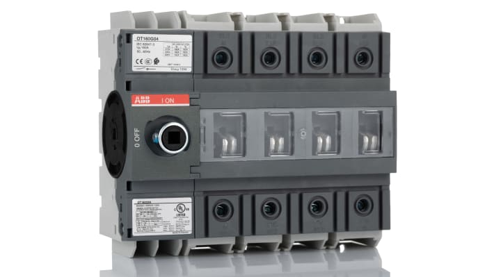 Interruttore di isolamento ABB OT160G, 4 poli, 160A, montaggio su base, dimensioni 150x130x75mm, grado di protezione IP20.
