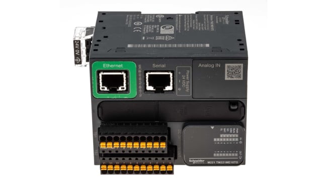 Schneider Electric TM221ME16TG, CPU PLC Modicon M221, 8 I/O, montaggio a pannello, dimensioni 70 x 85 x 105 mm.