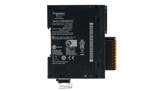 Schneider Electric TM221ME16TG, CPU PLC Modicon M221, 8 I/O, montaggio a pannello, dimensioni 70 x 85 x 105 mm.