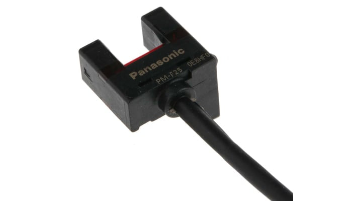 Sensore fotoelettrico a forcella Panasonic PM-F25, rilevamento 6 mm, uscita NPN, montaggio a pannello, grado di protezione IP64.