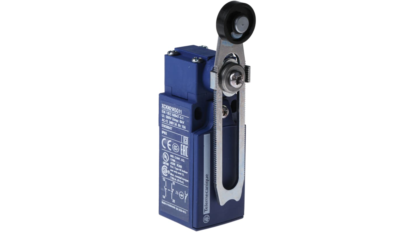 Interruttore di fine corsa Telemecanique Sensors XCKN2145G11, Leva a rullo, NO/NC, 240V, 10A, IP65 per controllo preciso in ambienti industriali.