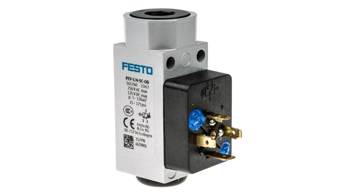 Pressostato Festo PEV-1/4-SC-OD, G 1/4, NC/NA, max 12 bar, IP65, montaggio a foro passante, per aria e acqua.