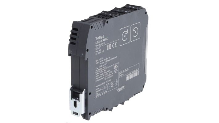 Starter reversibile Schneider Electric LZ2H6X5BD, potenza 3 kW, controllo 24 V CC, montaggio su guida DIN, dimensioni 99 x 22,5 x 114,5 mm.