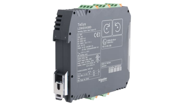 Starter motore avanzato Schneider Electric LZ8H2X43BD, potenza 1,1 kW, montaggio su guida DIN, protezione IP20.