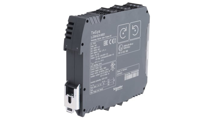 Starter motore avanzato Schneider Electric LZ8H2X4BD, potenza 1,1 kW, montaggio su guida DIN, protezione IP20, reset manuale o automatico.