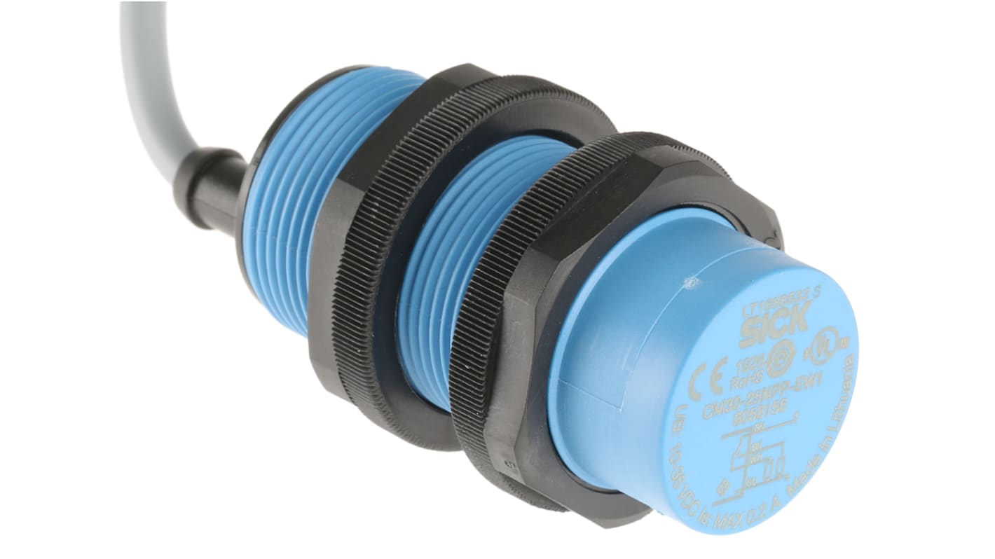 Sensore di prossimità cilindrico Sick CM30-25NPP-EW1, tecnologia PNP, rilevamento 25 mm, grado di protezione IP68/IP69K.
