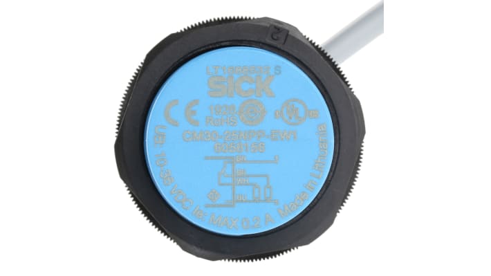 Sensore di prossimità cilindrico Sick CM30-25NPP-EW1, tecnologia PNP, rilevamento 25 mm, grado di protezione IP68/IP69K.