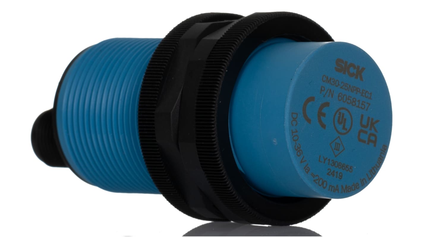 Sensore di prossimità cilindrico Sick CM30-25NPP-EC1, tecnologia PNP, rilevamento 25 mm, grado di protezione IP68/IP69K.