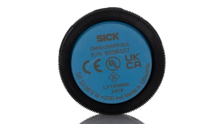 Sensore di prossimità cilindrico Sick CM30-25NPP-EC1, tecnologia PNP, rilevamento 25 mm, grado di protezione IP68/IP69K.