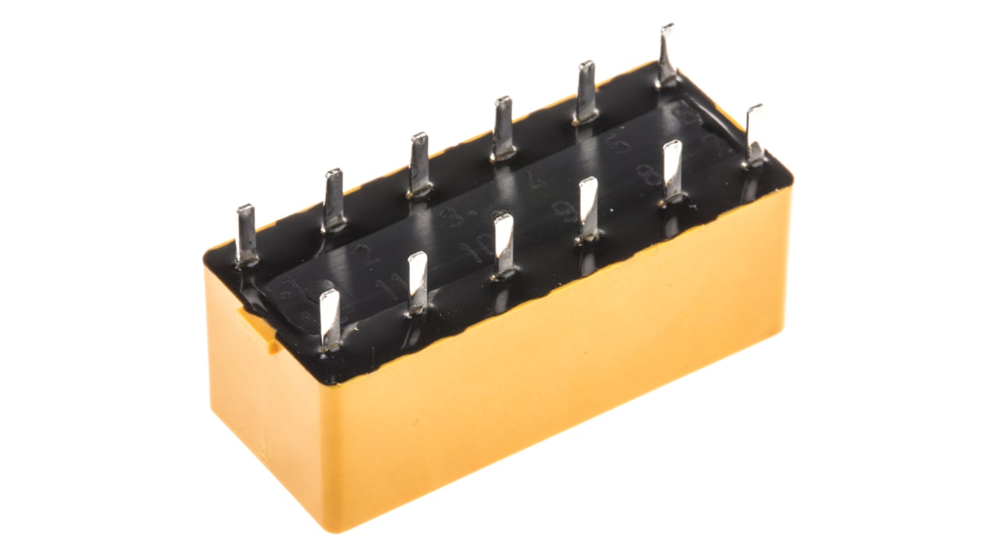 Relè di potenza Panasonic DPDT S2-DC5V, montaggio su PCB, corrente 4A, dimensioni 10 x 28 x 12 mm, temperatura -40/+65 °C.