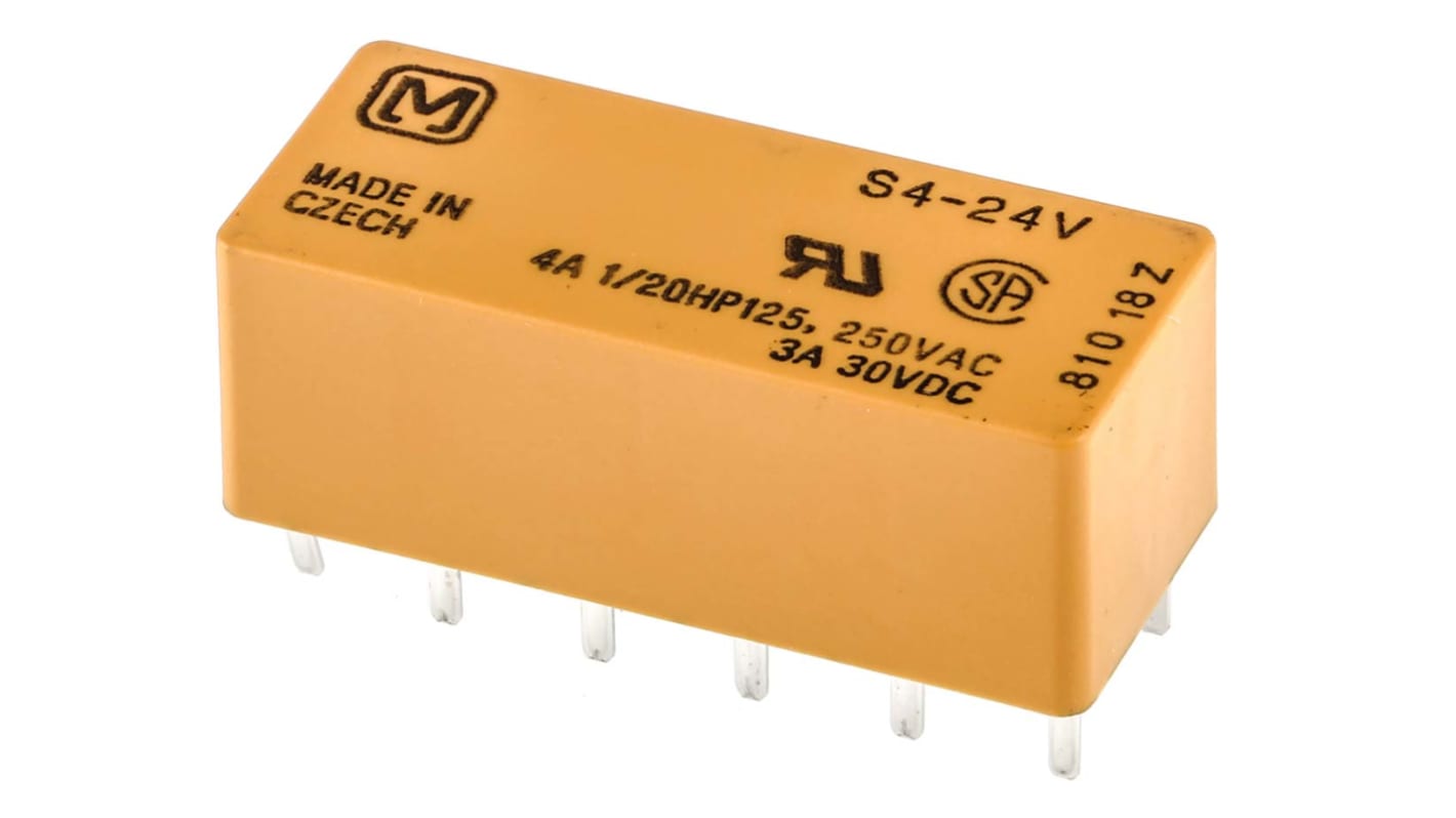 Relè di potenza Panasonic S4-DC24V, 4PST-NA, montaggio su PCB, dimensioni 10 x 28 x 12 mm, corrente 4A, isolamento 1.5kV.