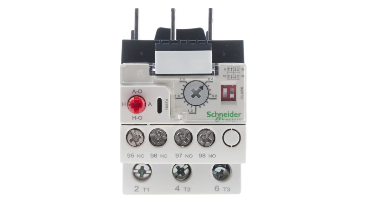 Relè di sovraccarico termico Schneider Electric LR9D02, corrente 0,4-2 A, montaggio diretto, dimensioni 79,9 x 45 x 72,5 mm.