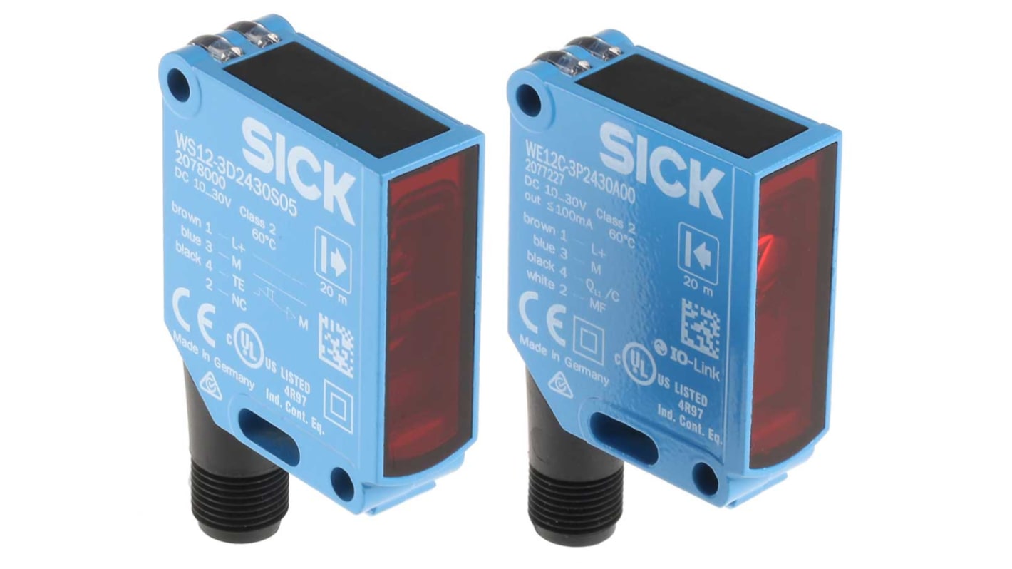 Sensore fotoelettrico rettangolare Sick WSE12C-3P2430A00, rilevamento fino a 20 m, uscita PNP, montaggio a pannello, IP69K.