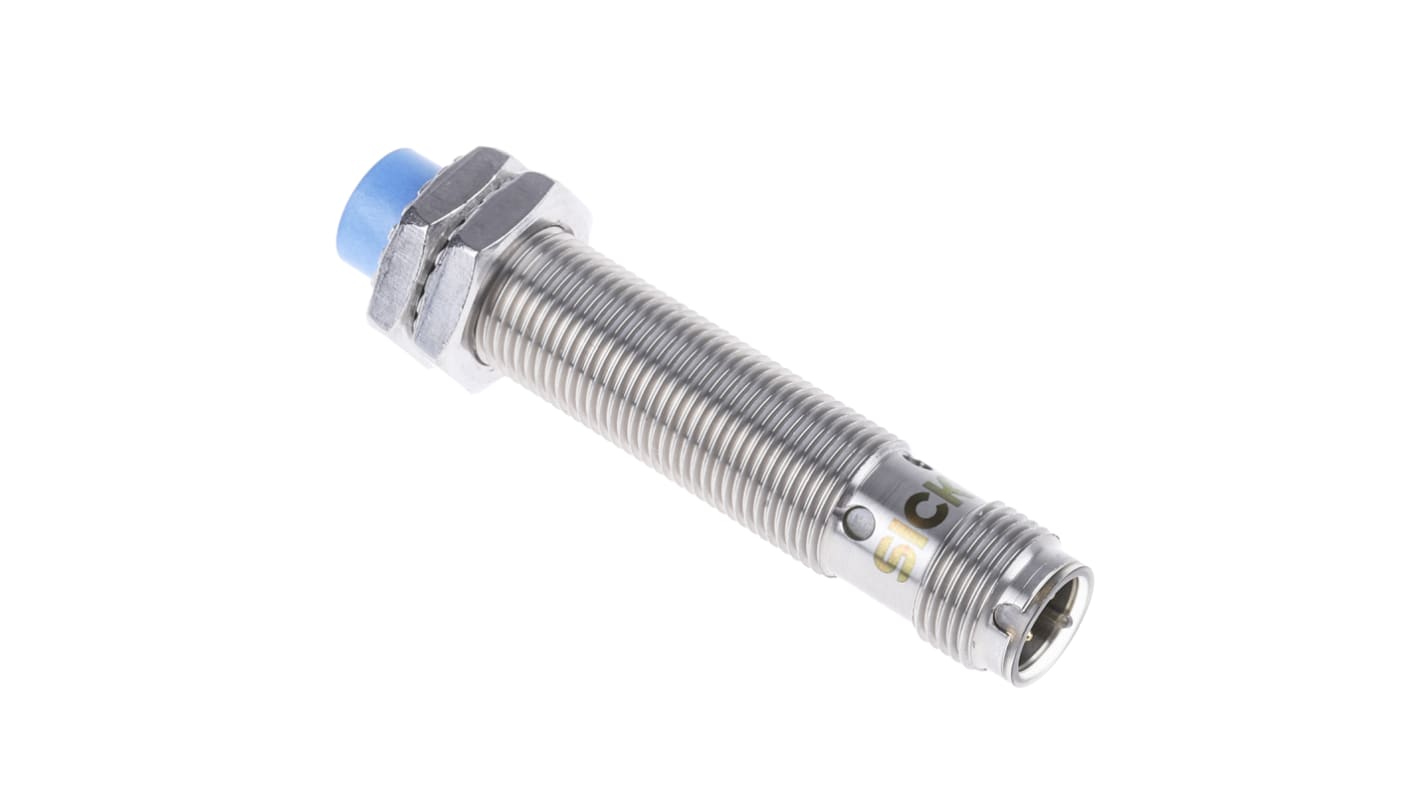 Sensore di prossimità cilindrico Sick IMB12-08NPPVC0S, PNP M12, rilevamento 8 mm, IP68/IP69K, acciaio inox.