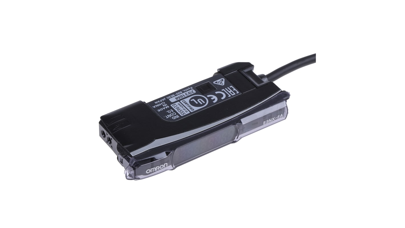 Omron E3NX-FA41 2M, sensore PNP precablato per fibre ottiche, montaggio su guida DIN, dimensioni 104,8 x 33,5 x 10 mm.
