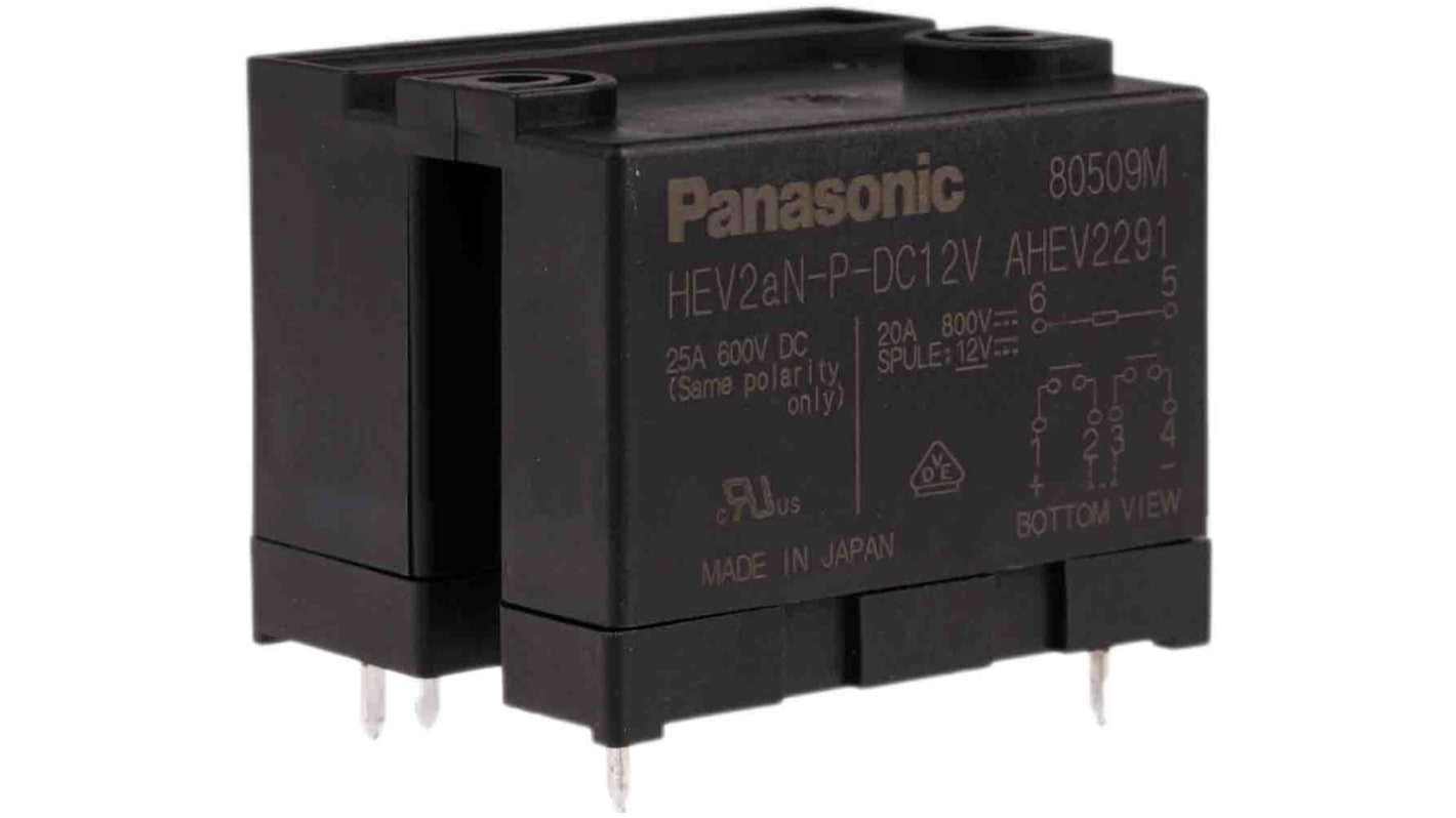 Relè di potenza DPST Panasonic HEV2aNP12v per montaggio su PCB, 12V cc, 20A, dimensioni 50x41x39.4mm.