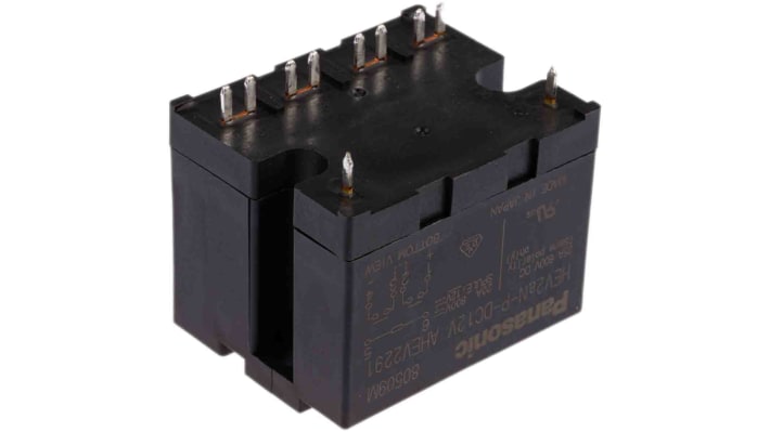 Relè di potenza DPST Panasonic HEV2aNP12v per montaggio su PCB, 12V cc, 20A, dimensioni 50x41x39.4mm.