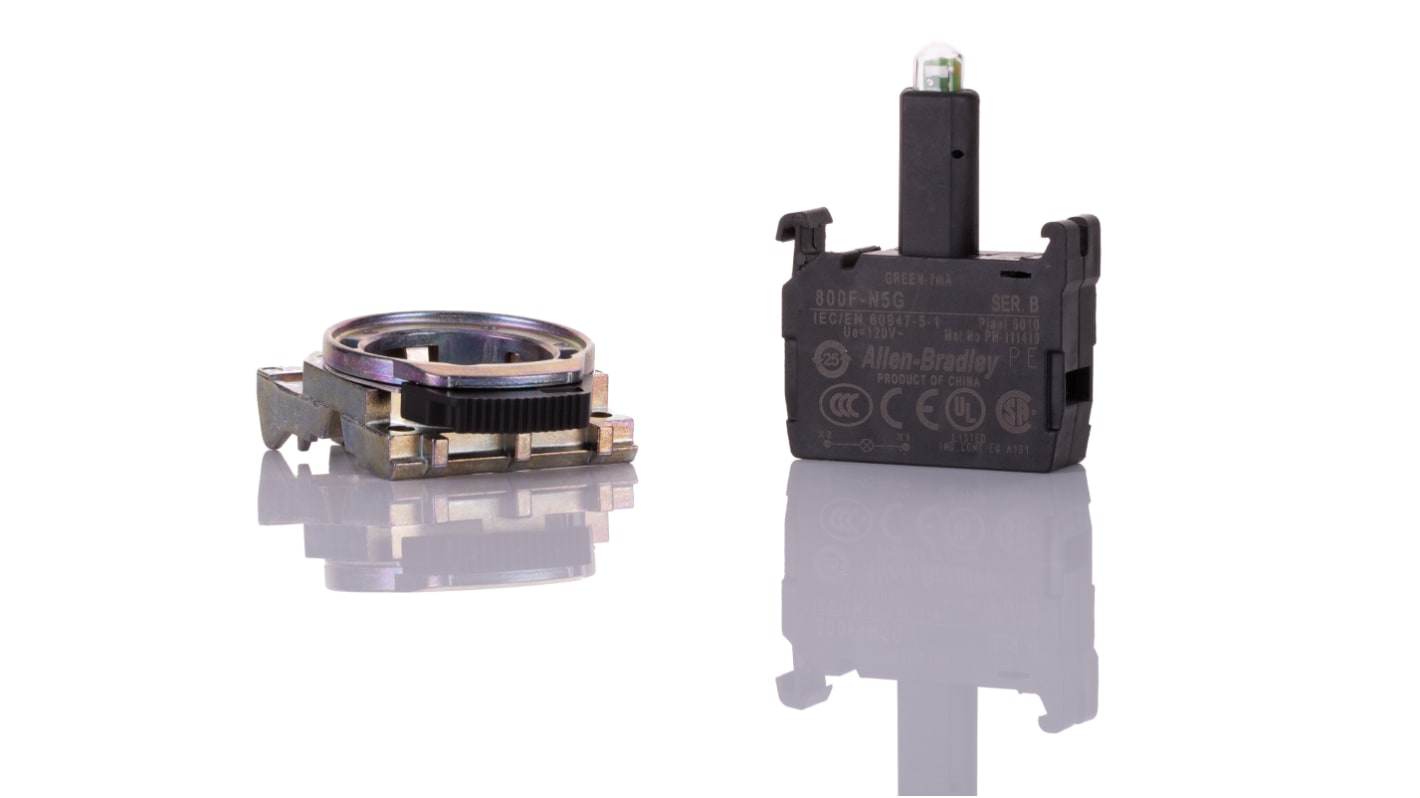 Blocco contatti luminoso verde Allen Bradley 800F-MN5G, 120V, LED, montaggio su foro 22 mm, grado di protezione IP66.