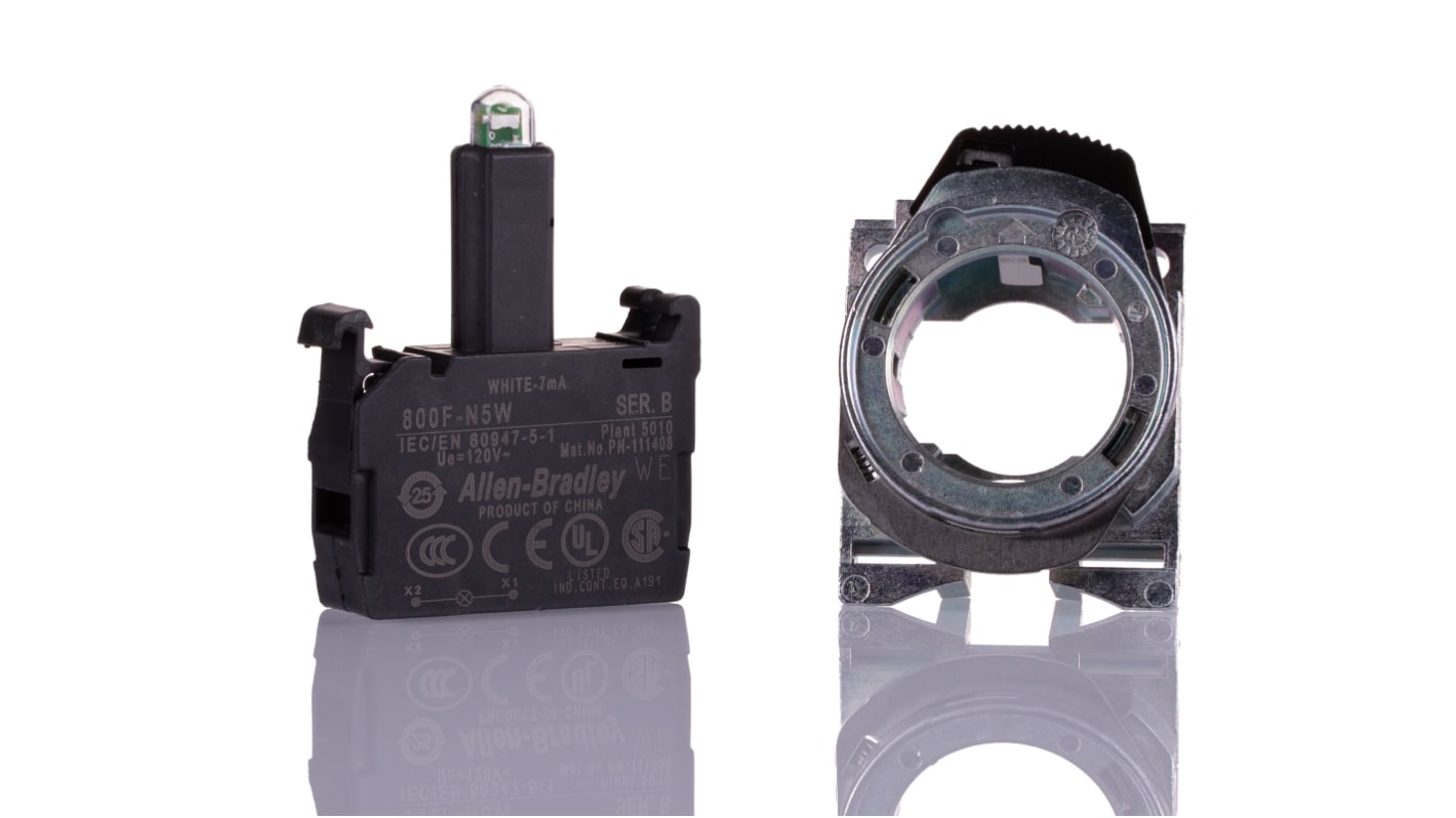 Allen Bradley 800F-MN5W, blocco contatti luminoso LED bianco, tensione 120 V, fissaggio 22 mm, durata 100000 ore.