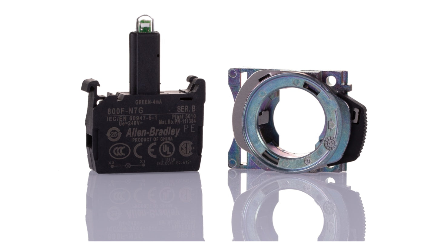 Allen Bradley 800F-MN7G, blocco contatti luminoso con LED verde, tensione 240 V, corrente 6 mA, supporto a vite.