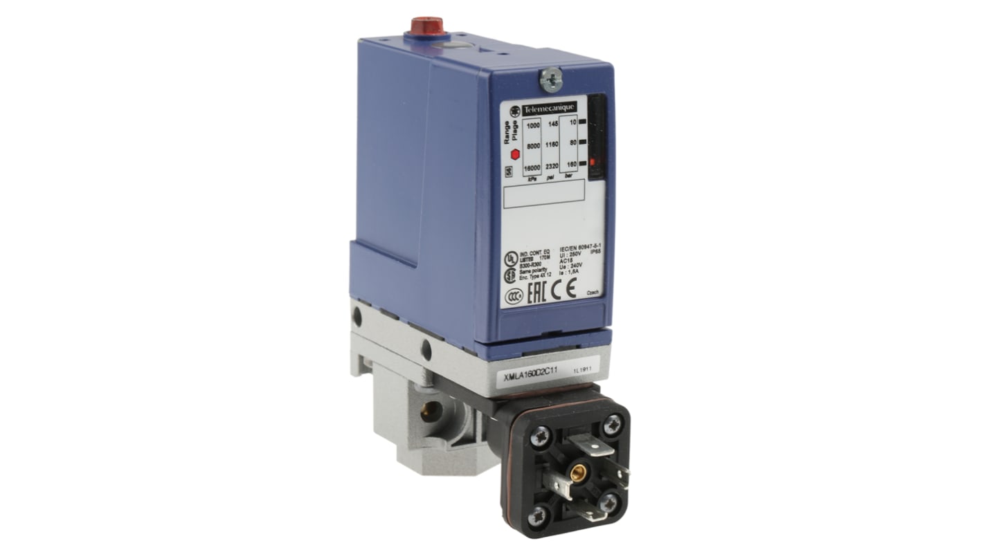 Pressostato Telemecanique Sensors XMLA160D2C11, 160 bar max, montaggio a pannello, IP65/IP66, 1CO, -25/+70 °C.