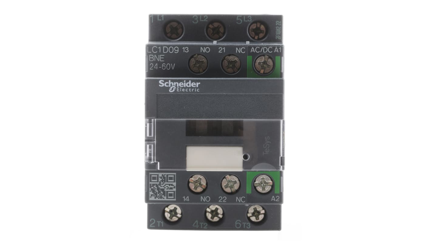 Contattore Schneider Electric LC1D09BNE, 3 poli, 9 A, bobina 24 V, montaggio su guida DIN, dimensioni 45x86x77 mm, grado di protezione IP20.