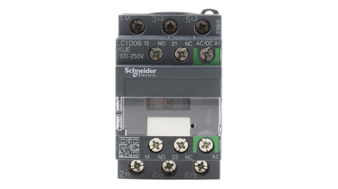 Contattore Schneider Electric LC1D09KUE, 3 poli, 9 A, montaggio su guida DIN, dimensioni 45x86x77 mm, bobina 230 V.