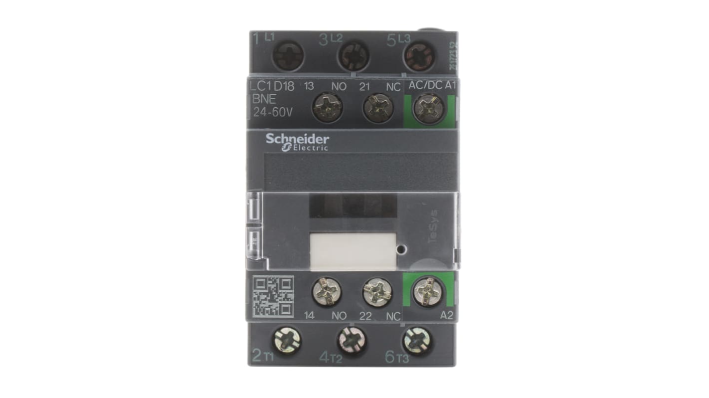 Contattore Schneider Electric LC1D18BNE, 3 poli, 3 NO, 18 A, montaggio su guida DIN, dimensioni 86x45x77 mm.
